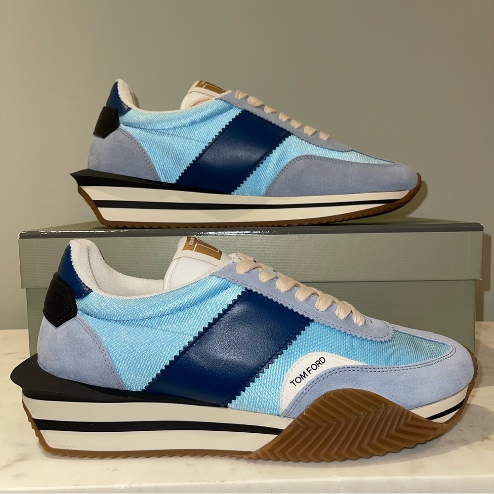 Tom Ford Men’s Light Blue and Navy James Suede Sneakers 10